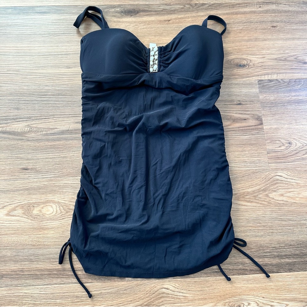 Badgley‎ Mischka One Piece Swimdress Swimsuit Black Beaded Cinch Sides Beach 10